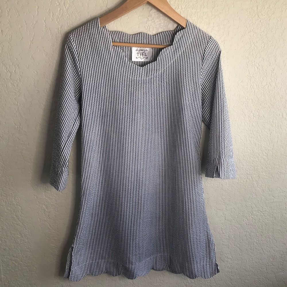 tWl Linen, light blue pinstriped, XS dress.